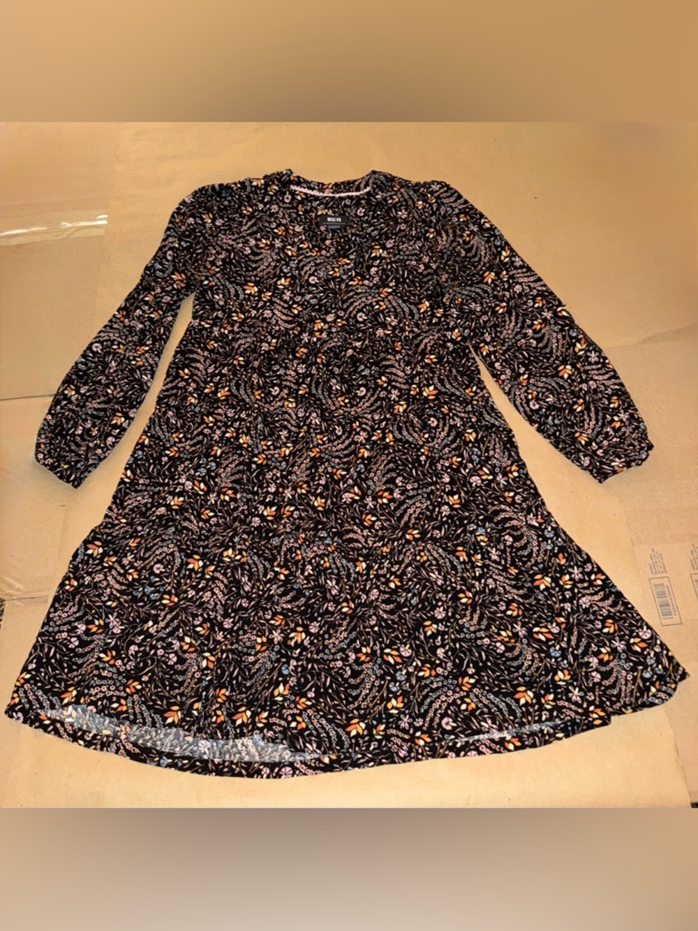 Maeve by Anthropologie Womens Dress XS Black Floral Long Sleeve Boho Chic V Neck
